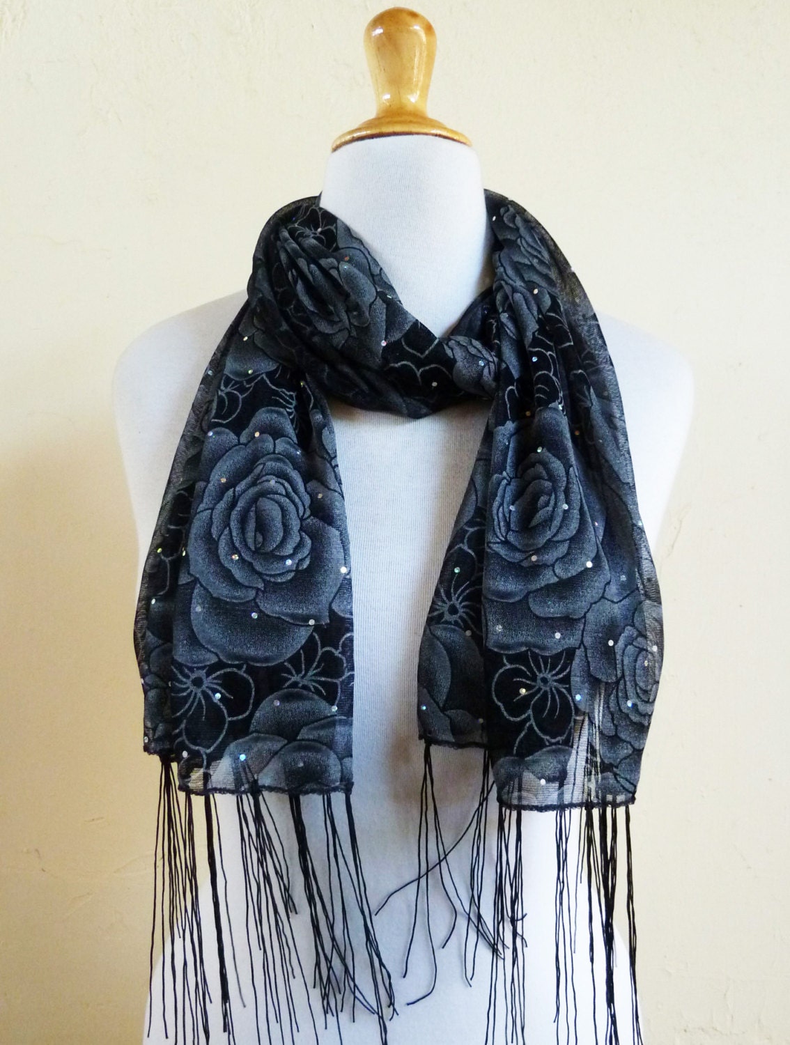 Sequined Shawl/Scarf in BLACK with floral print and long fringe - accessories