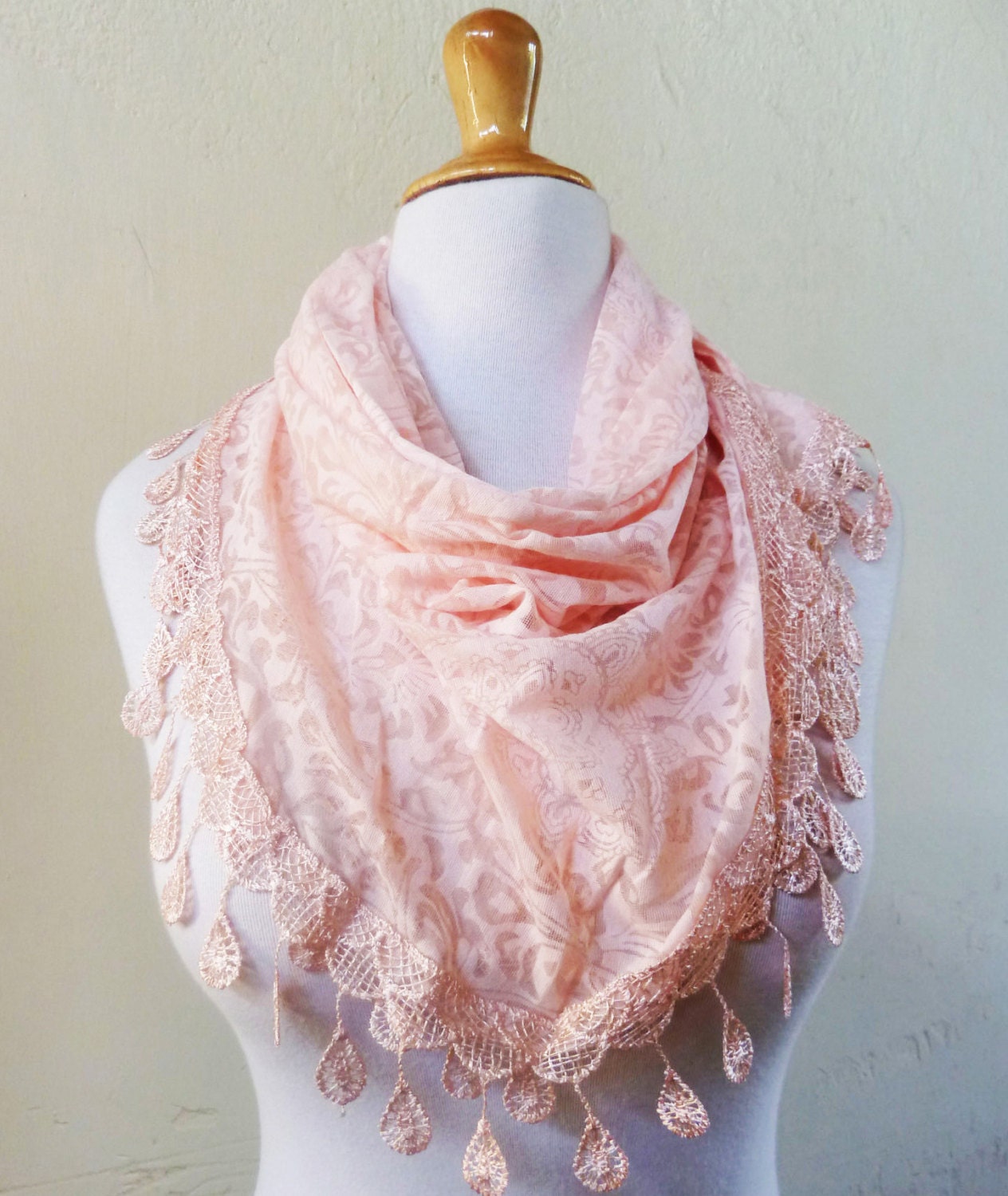 Womens scarf "Lily" in PEACH with floral pattern and teardrop lace edge - scarflette shawl neckwarmer