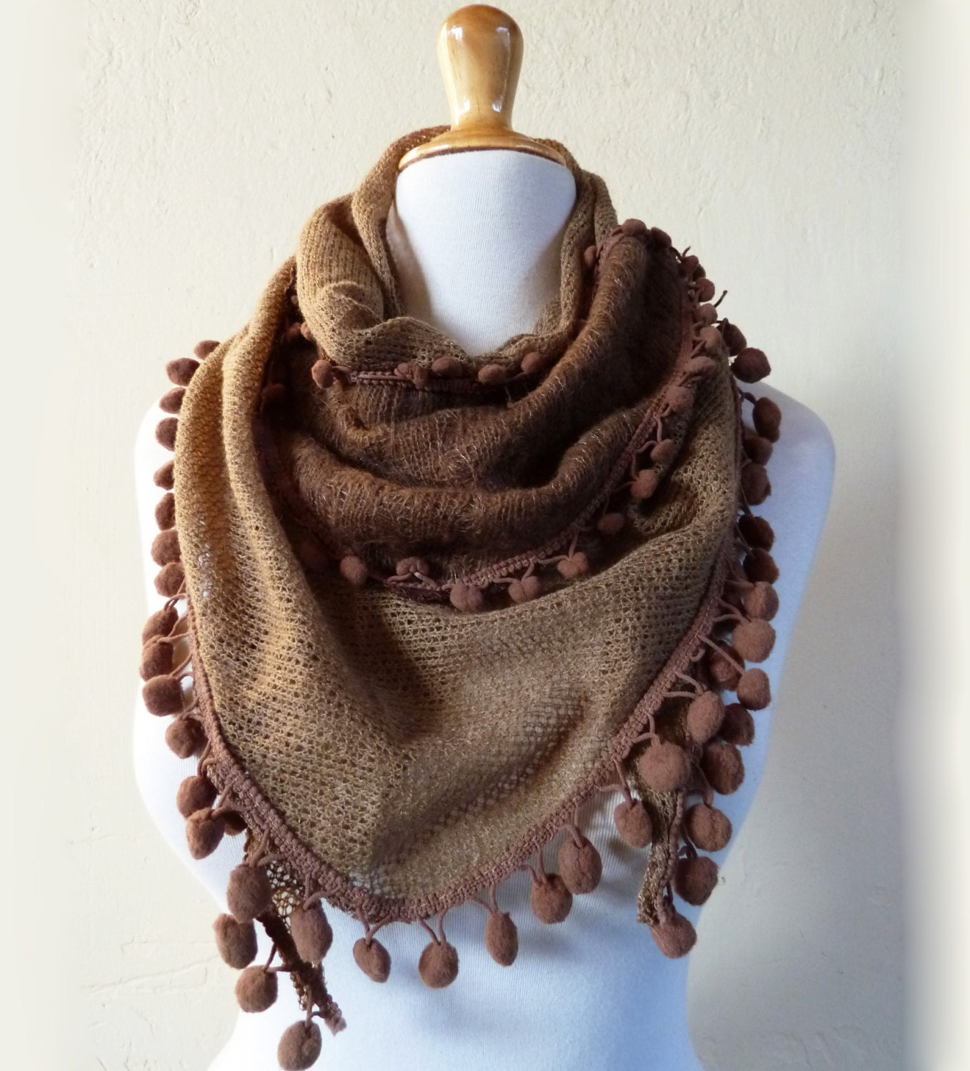 Womens Scarf "Catherine" in BARLEY/MOCHA with pompom edge - shawl cowl neckwarmer - accessories