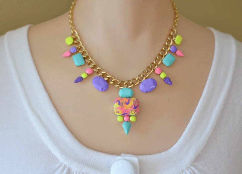 statement necklace hand painted rhinestone Neon Pastel Swirl