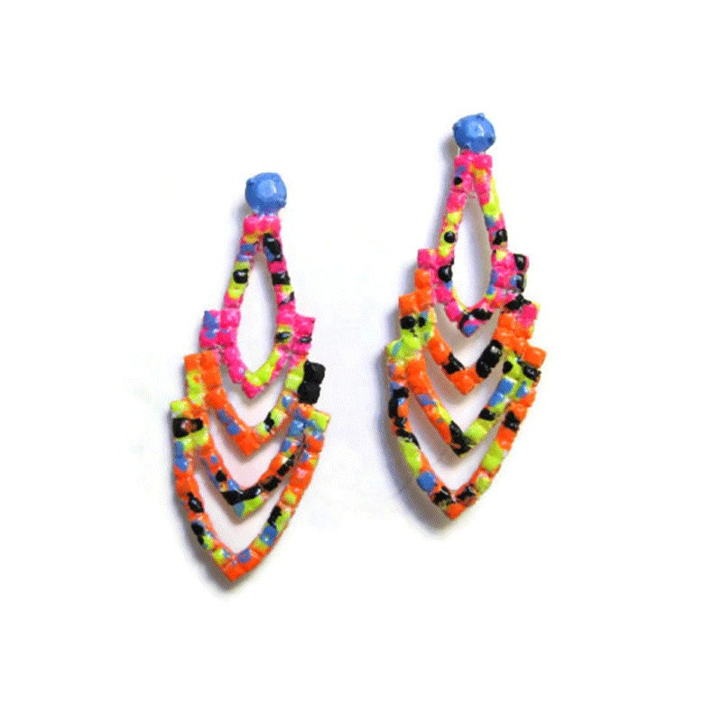 neon earrings rhinestone Neon Confetti Chevrons pink orange blue yellow small