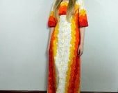 bright Hawaiian floral maxi dress . Bohemian Sunshine .  bold color cotton . psychedelic hibiscus Barkcloth . high waist