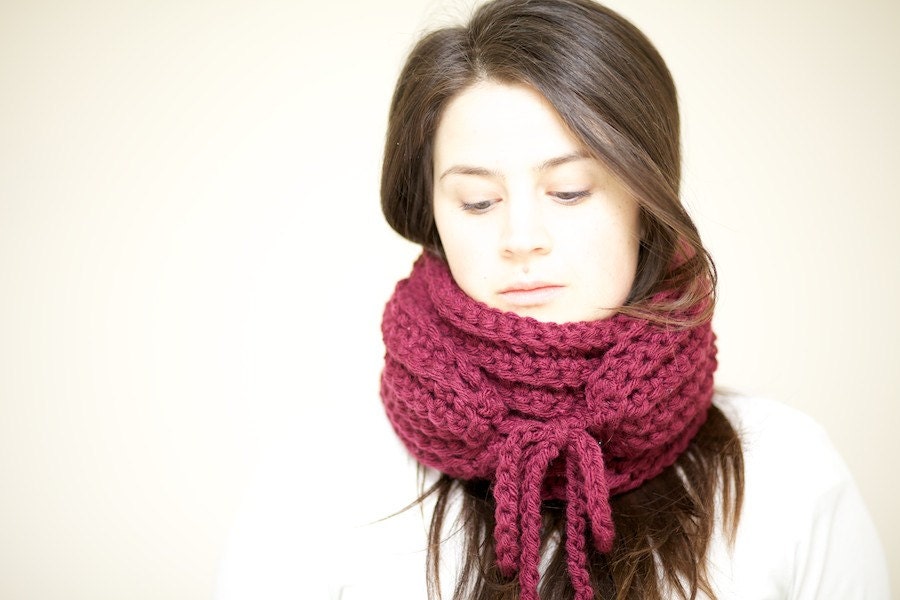 Oxblood Wool Scarf - Bow Tie Scarf - Crochet Chunky Scarf Cowl - The Crantock