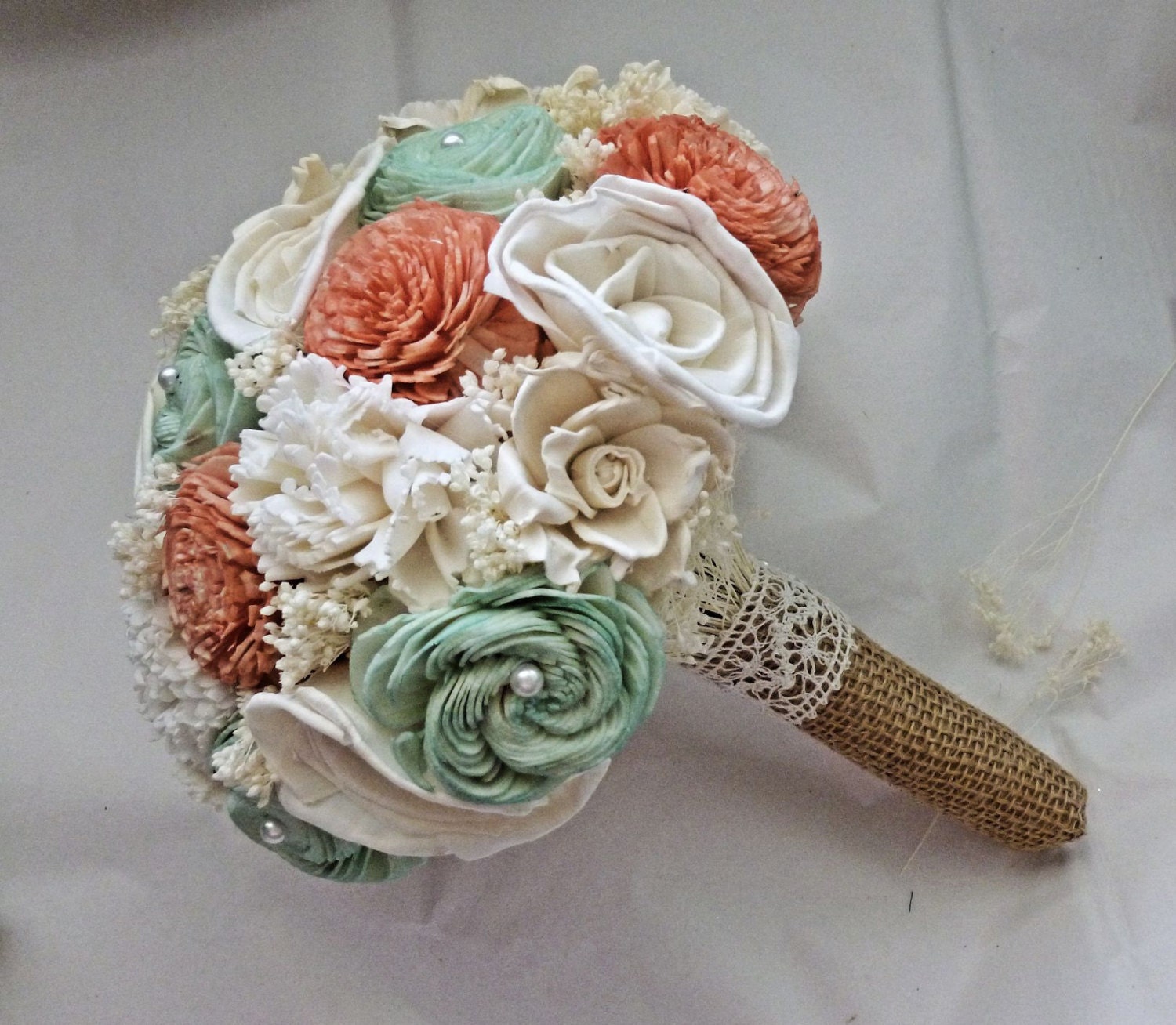 Handmade Wedding Bouquet- Medium Peach Mint Ivory Bridal Bridesmaid Bouquet, Alternative Bouquet, Keepsake Bouquet, Rustic Wedding