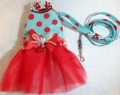 RockinDogs Retro Red and Turquoise Polkadot Tutu Dress with Matching Collar and Leash Set