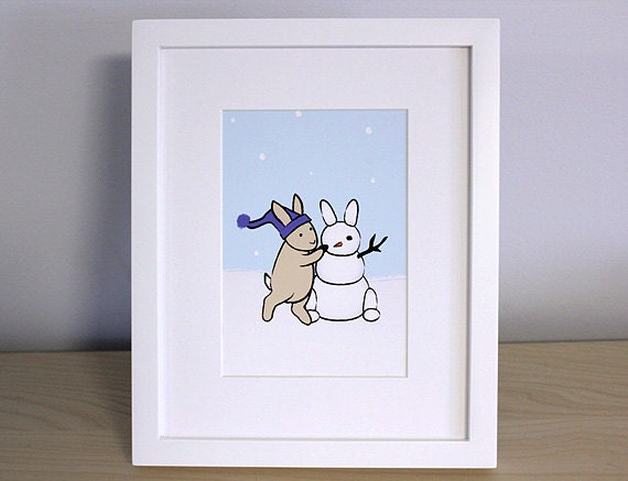 Bunny Nursery Print - Snowman Children Art (5x7)