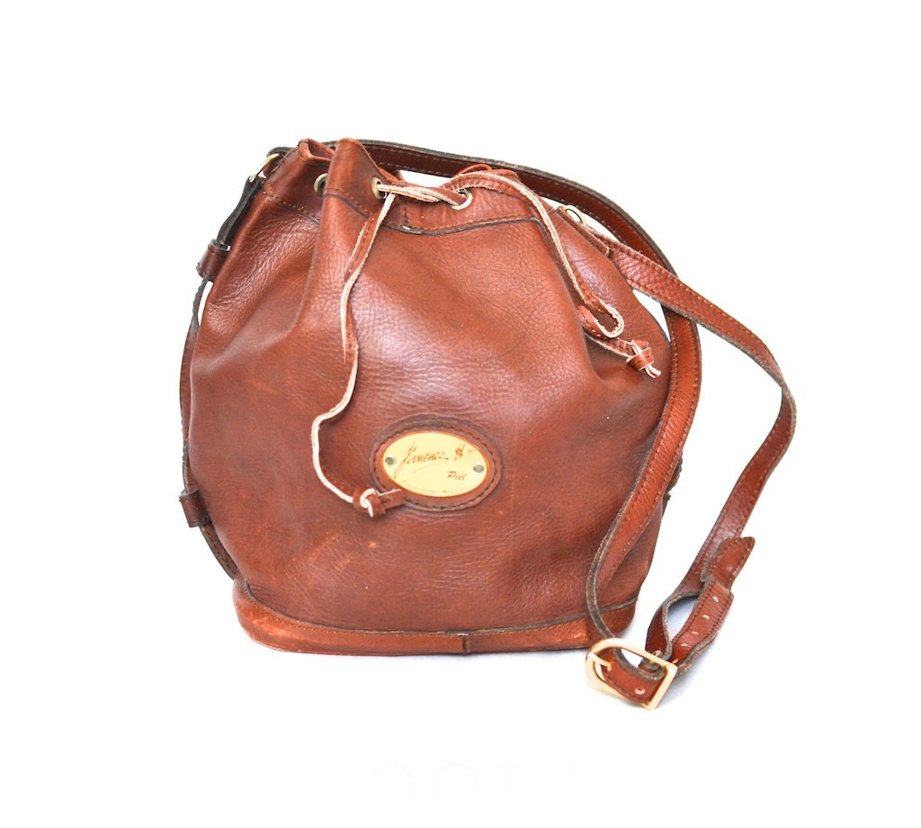 Vintage Brown Leather Bucket Drawstring Bag