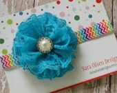 Baby Headband, Tuquoise Lace Flower, Rainbow Chevron Elastic Headband, Newborn Infant Headband, Faux Pearl Crystal Center