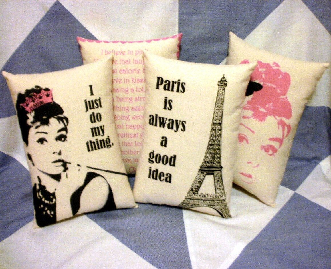 Audrey Hepburn Quotes Paris Believe In Pink Set Of 4 Cushions Pillows