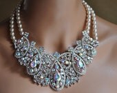 Bridal Jewelry Set,Bridal Statement Necklace,Swarovski Pearl Necklace,Back Necklace,Wedding Jewelry,Vintage Wedding,Bridal Bib Necklace