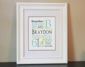 Giraffe Birth Announcement Print Baby Nursery Name Art PRINTABLE 8x10 (Blue, Gray & Green)