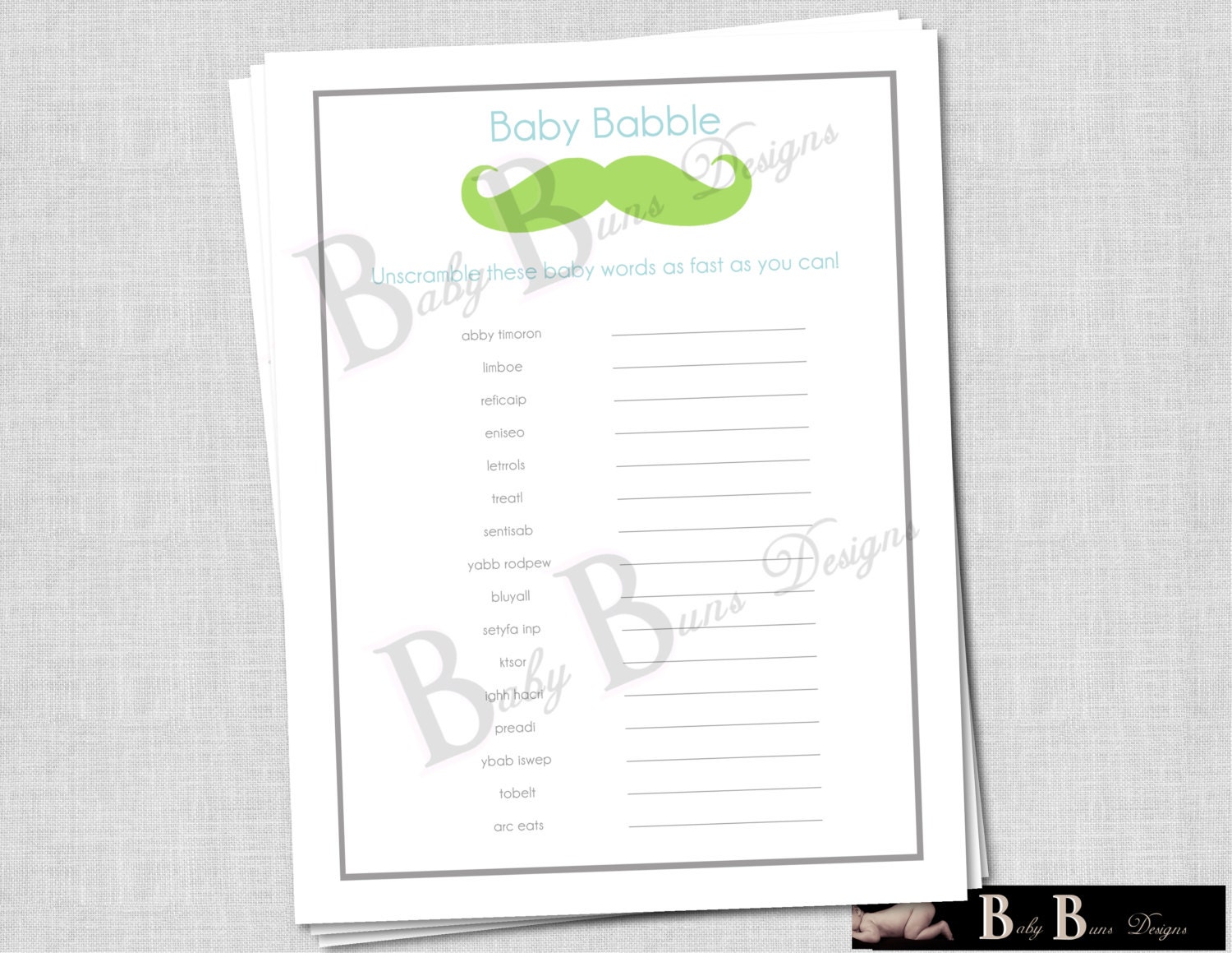 Printable Game for Baby Shower- Baby Babble- Gray Little Man Moustache Theme- INSTANT DOWNLOAD