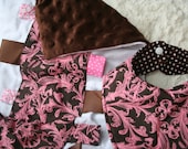 Baby Bib Set with Mink Blanket/ Burp Cloth- Pink Scroll Floral, Brown Mink Taggie Burp Cloth/ Reversable Bib