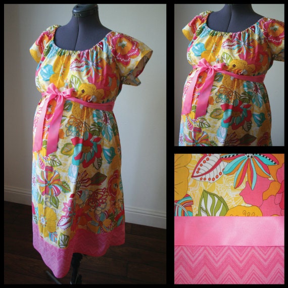 Maternity Hospital Labor Gown-Yellow, Bright Floral, Pink Chevron Band  (labor and delivery gown)