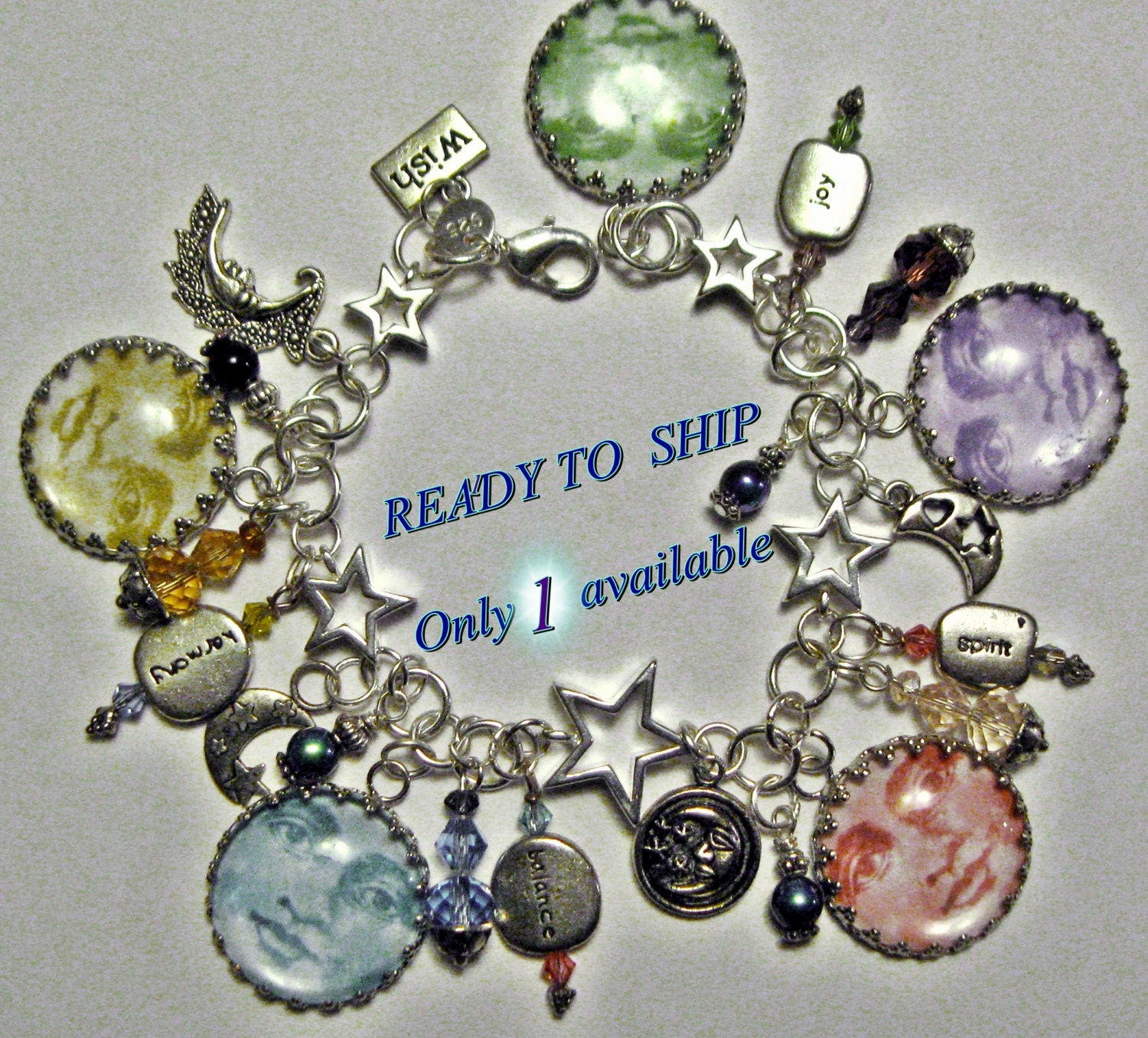 Handmade Altered Art MAN in the MOON themed CHARM bracelet sterling silver 8inches adjustable