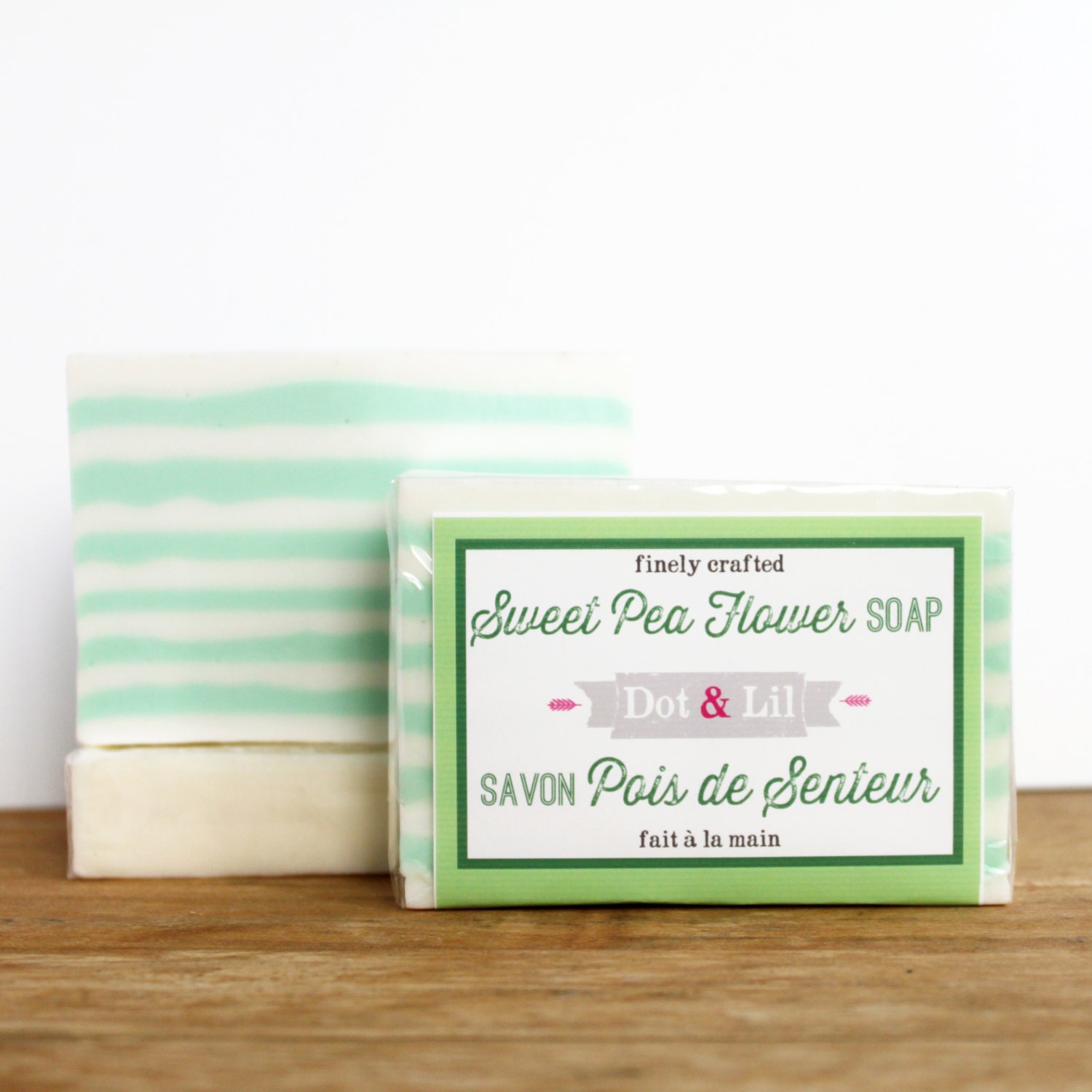 Sweet Pea scented soap with mint green and white stripes for spring and summer