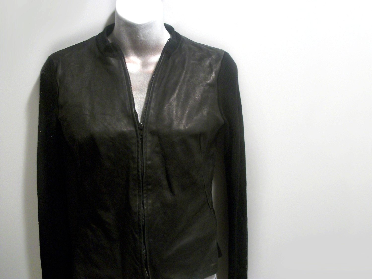 Vintage Early 90s Banana Republic Genuine Leather and Wool Black Zip up Cardigan - Womens Small - Tagt Team