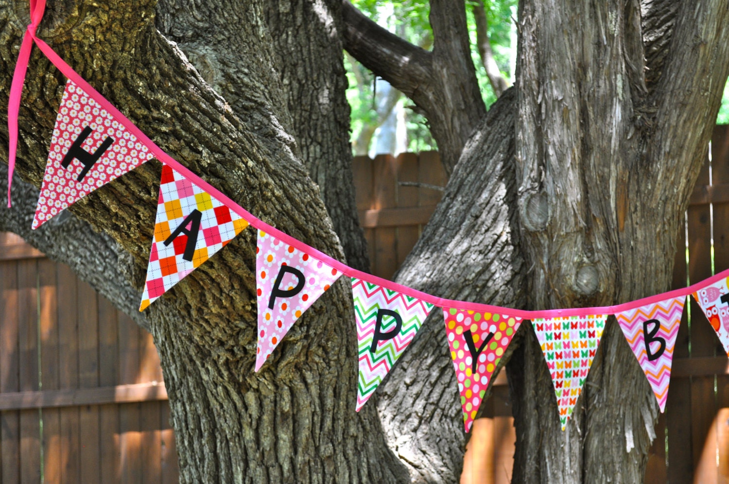 Girls Pink Fabric Happy Birthday pennant banner bunting, Birthday party decoration, photo prop