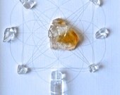 MANIFEST LUCK PROSPERITY --- framed sacred crystal grid --- citrine, quartz --- sacred geometry