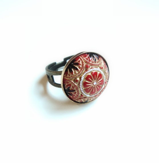 Red black gold white flower round glass vintage-inspired ring with adjustable band.  Statement ring.  Cocktail ring.