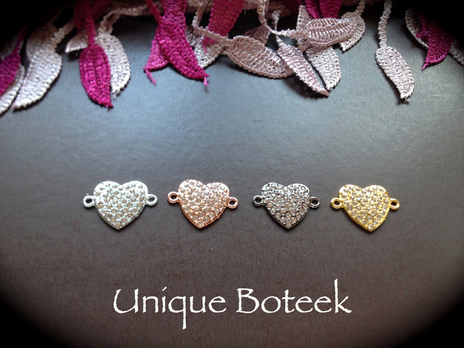 Heart Connector Charms - 4 Charms Total- Gold, Silver, Rose Gold, Gun Metal
