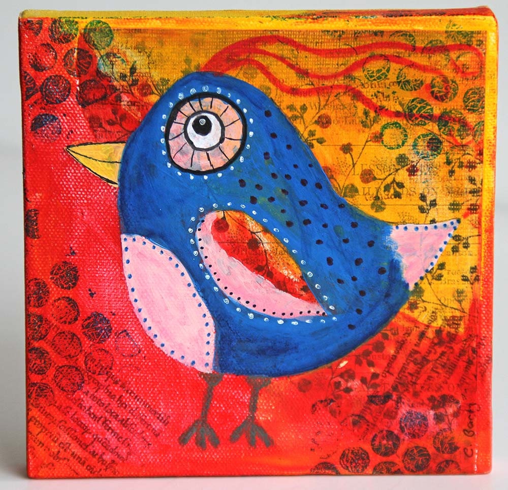 Quirky Bird Mixed Media Painting 6x6 Original on Canvas