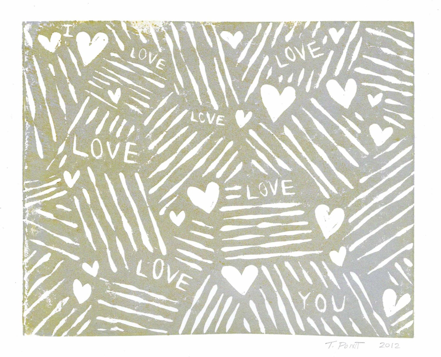 CLEARANCE I Love Love Love You Abstract Linocut Art Print / 8 x 10 Home Decor / Gold, Silver