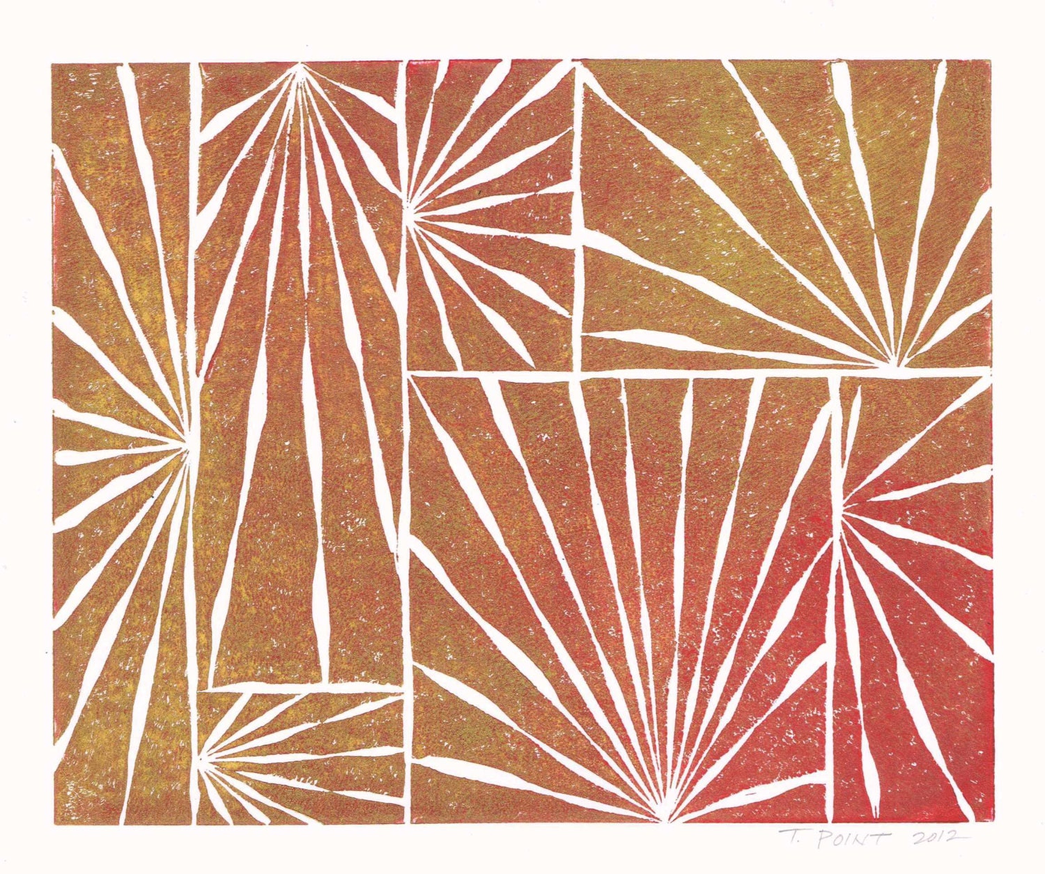 SALE Abstract Nature Palm Leaves Art Block Print 8 x 10 Home Decor / Gold, Red / Hand Pulled Linocut / Gift
