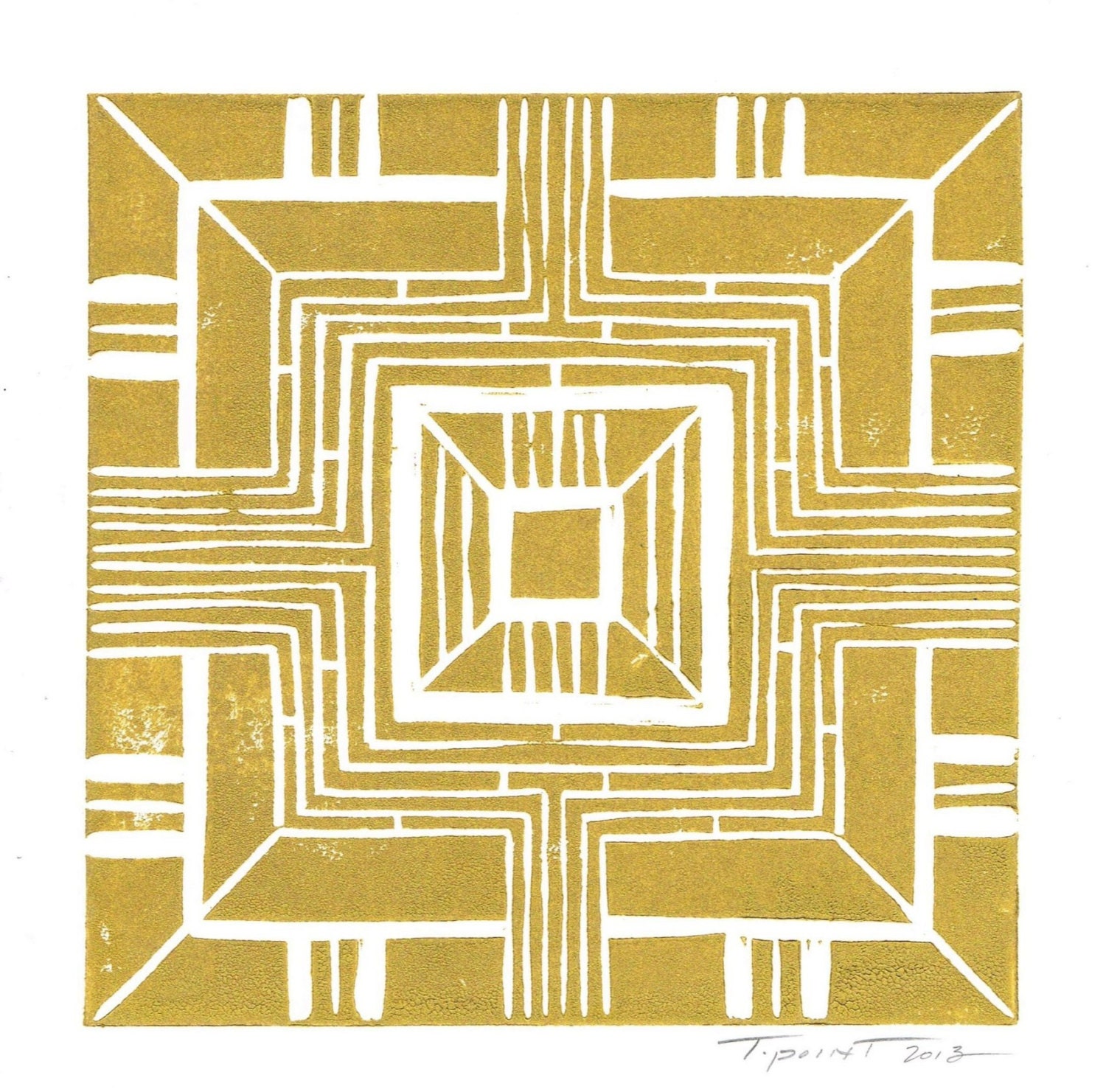 Modern Linear Geometric Linocut Art Print / 6 x 6 Square Home Decor / Gold