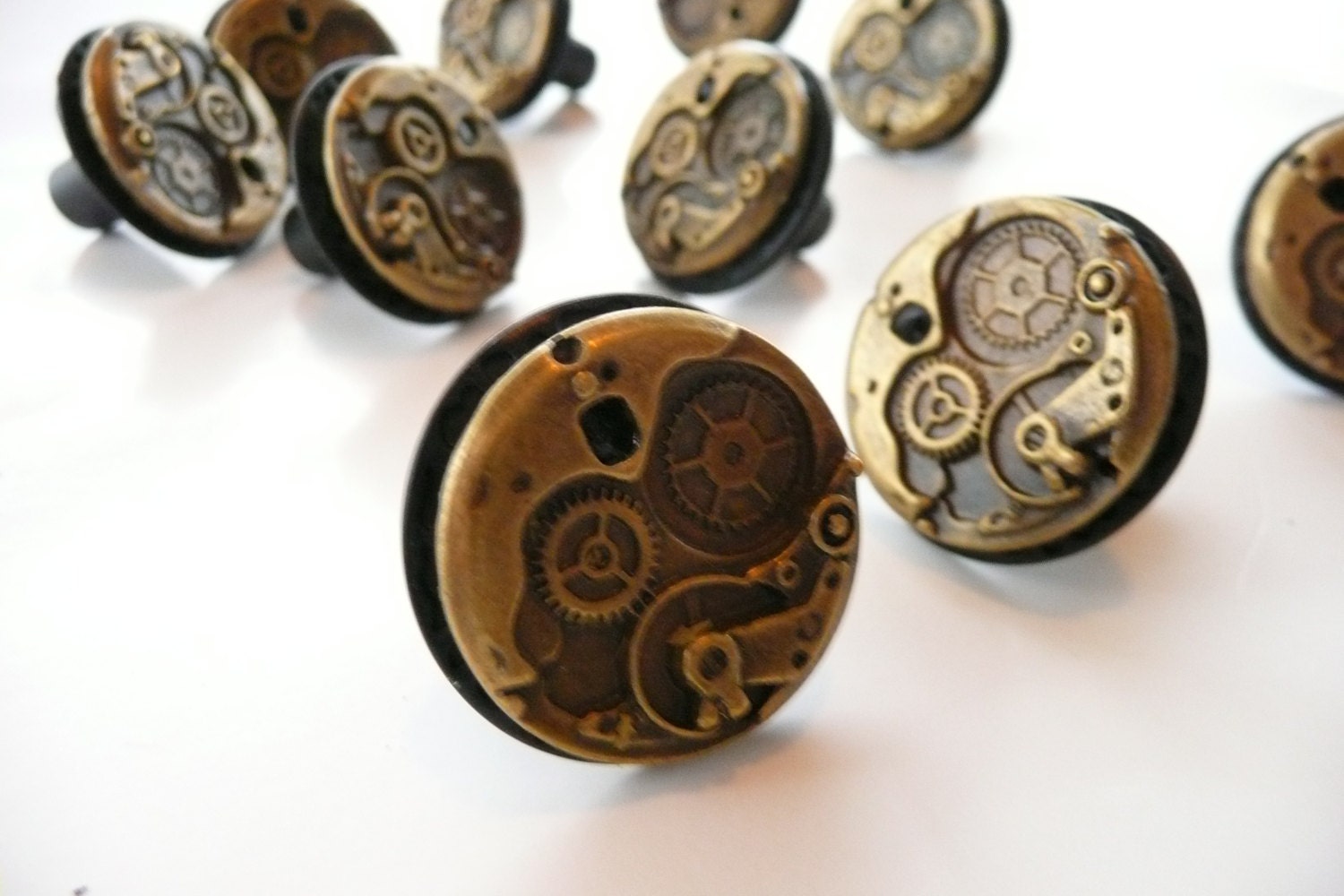 Steampunk Watch Movement Cabinet Knobs - Bronze and Black - Set of Two