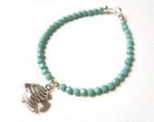 Genuine Turquoise Bead Bracelet, Silver Fish Charm Bracelet, Angel Fish Bracelet UK