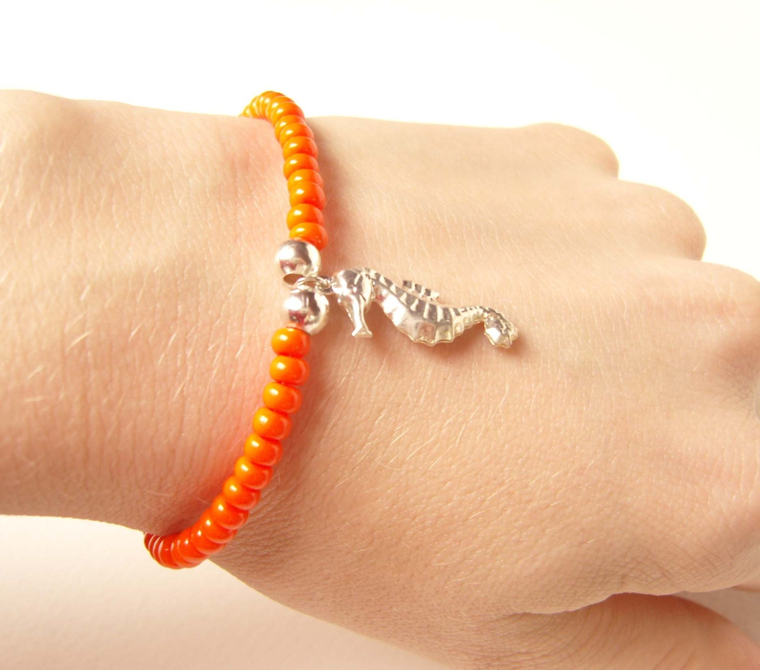 Silver Seahorse Bracelet, Neon Orange Bracelet, Beaded Bracelet, Seahorse Jewelry UK