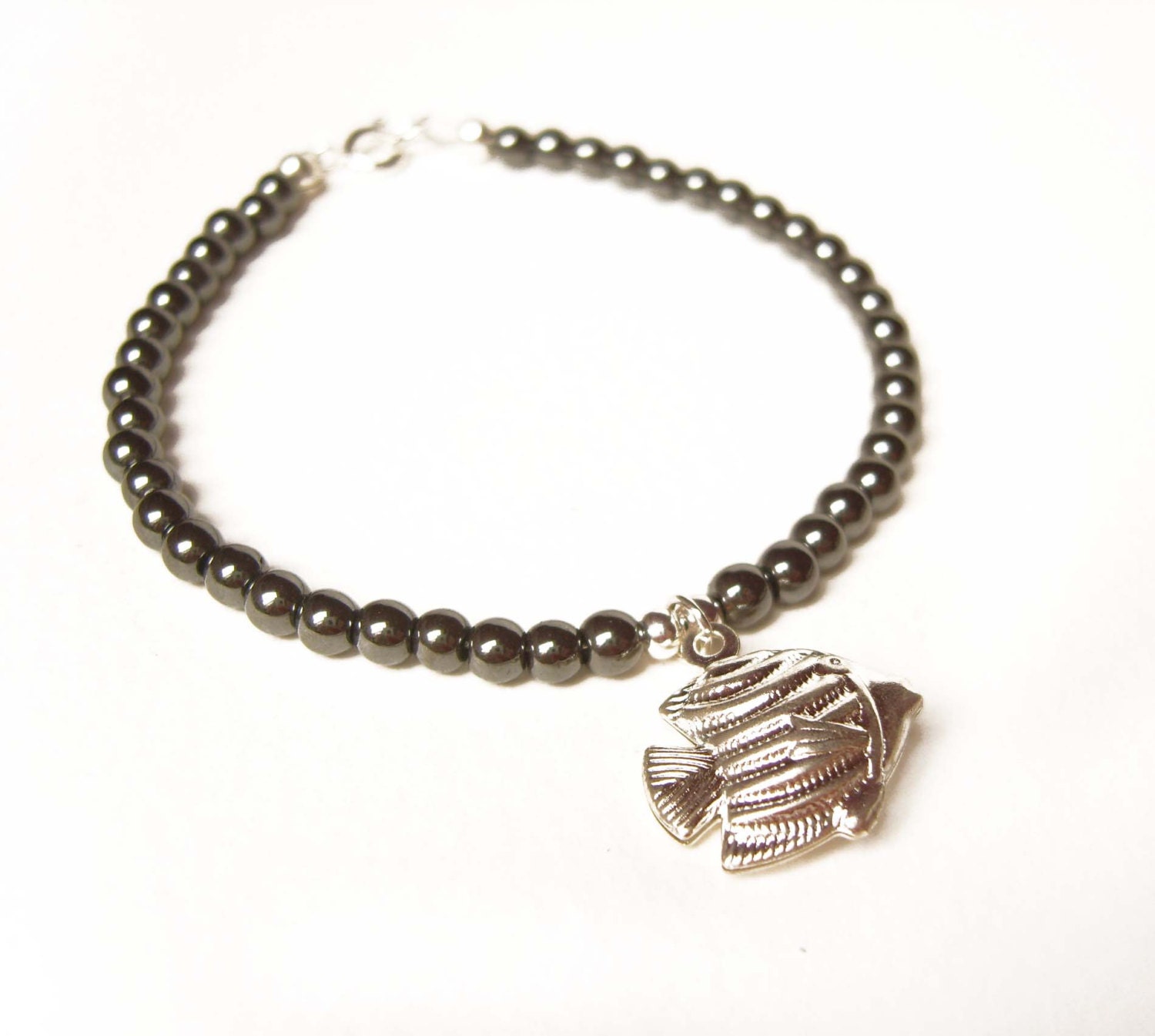 Hematite Bracelet, Angel Fish Bracelet, Gemstone Bead Bracelet, Hematite Jewelry UK
