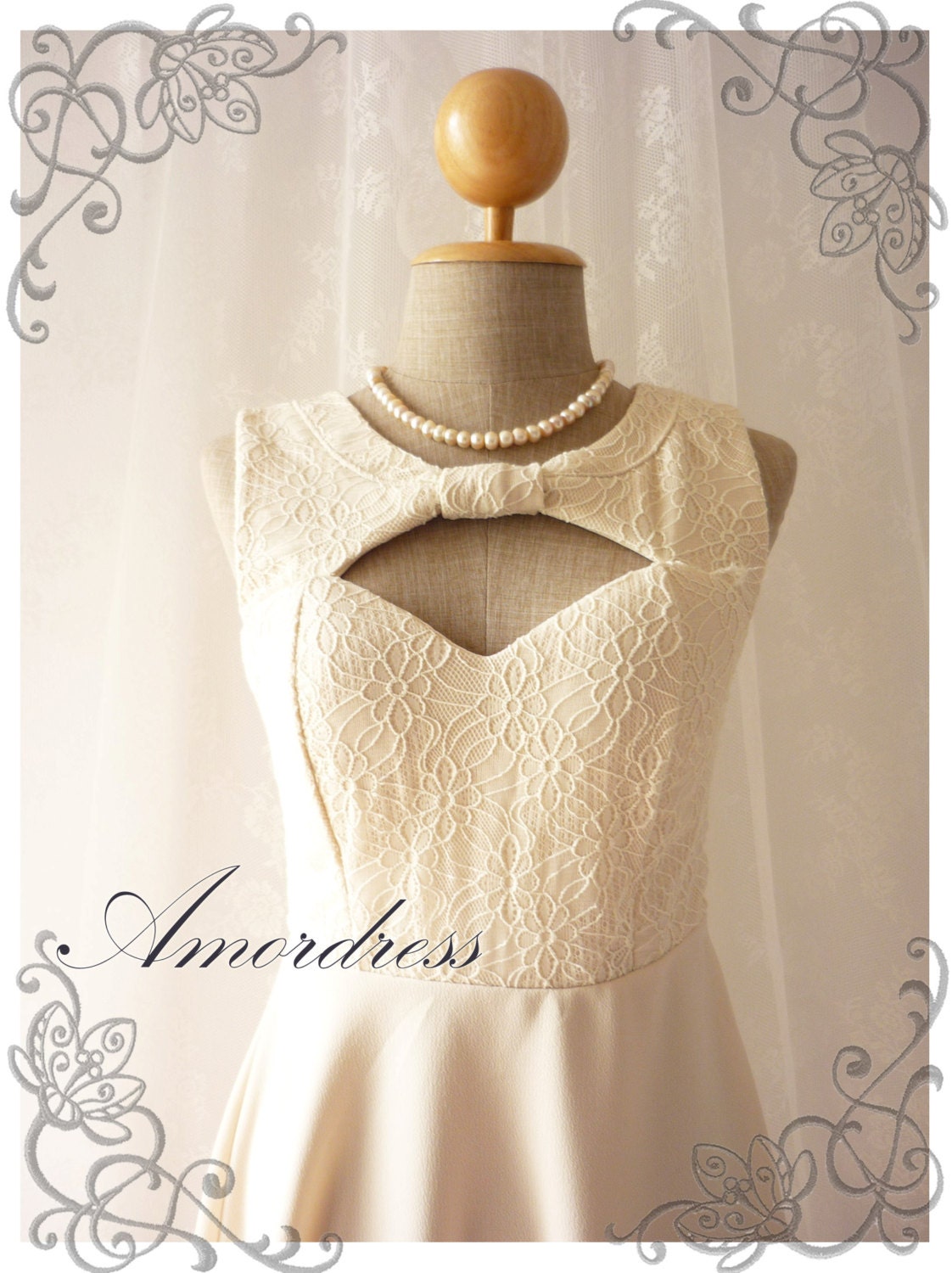 BIG SALE  Cream Lace Party Dress Swing Dress Prom Party Wedding Dancing Mini Dress or Tunic - XS-S-