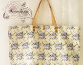 Floral Tote Bag Printed Canvas Bag Genuine Leather Strap Cream with Lavender Floral Shabby Chic Bag ...Amor The Inspired Collection...
