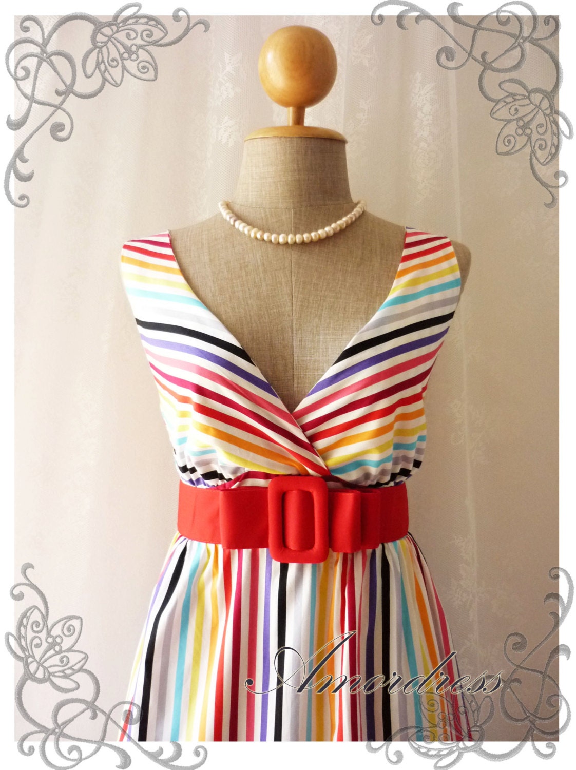 Rainbow Spectrum - Colorful Summer Dress Pastel Rainbow Stripe Dress Party Popping Tea Dress Party Event Everyday Dress White Shade -S-M-