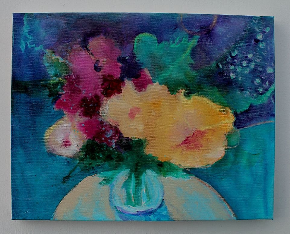 Abstract Floral Still Life Painting Canvas "Summer Flowers in a Blue Room"