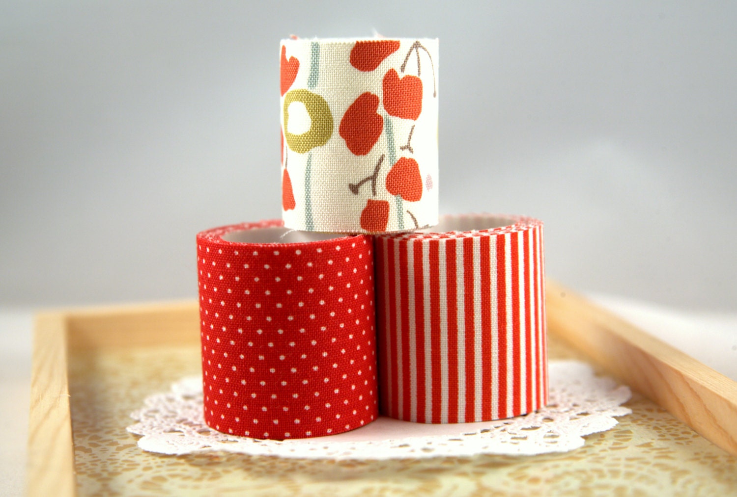Cotton Fabric Tape  / Red Stripe Polka Dot Floral / Handmade by Lovenote Crafts
