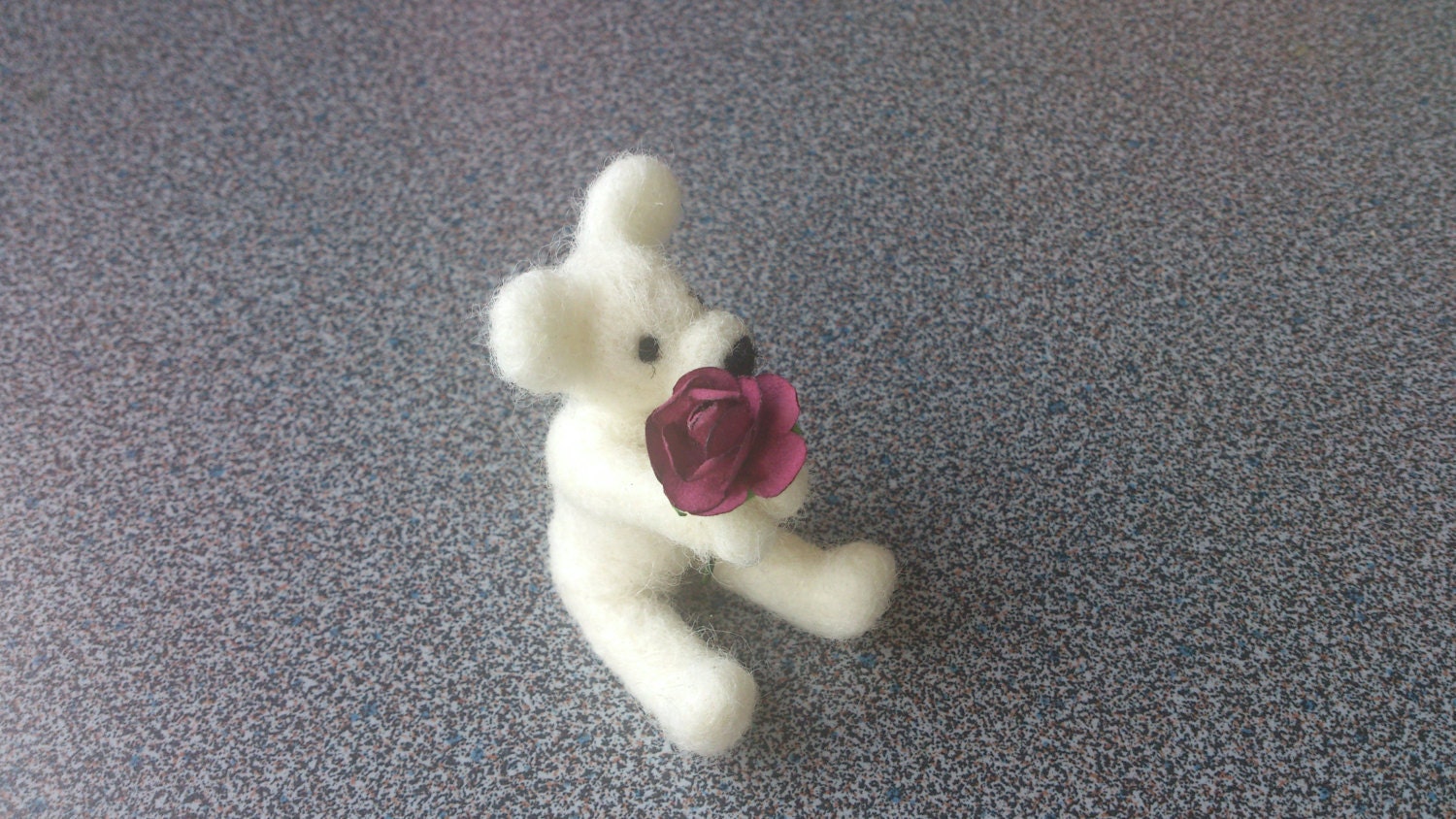 RESERVED TO BARBARA Felted miniature teddy bear with wine red paper rose Valentines day gift under 25 eco friendly