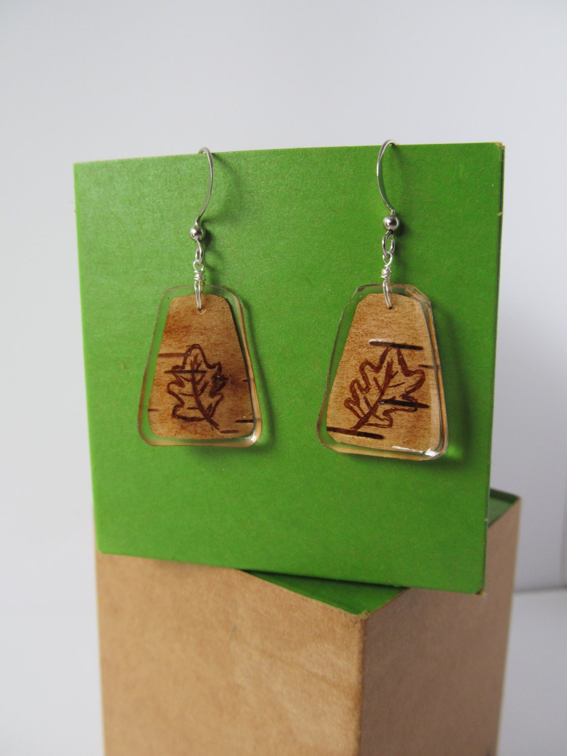 Oak Leaf Earrings, Birch Bark Jewelry