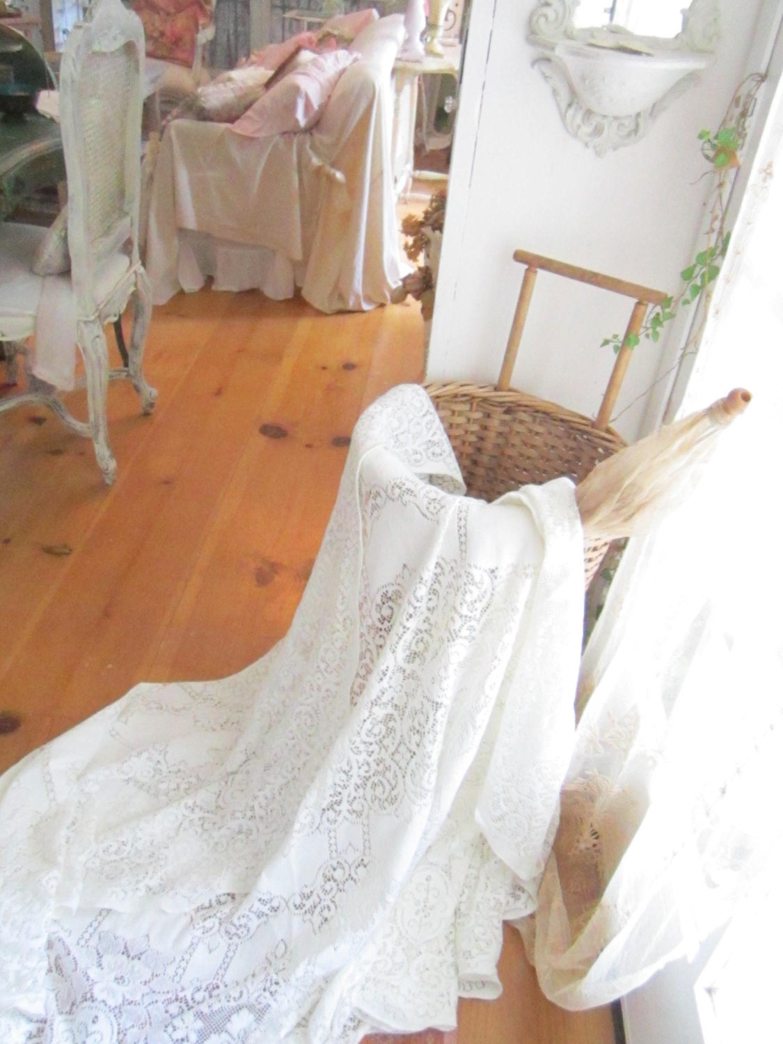 Vintage french white tablecloth victorian shabby chic prairie French