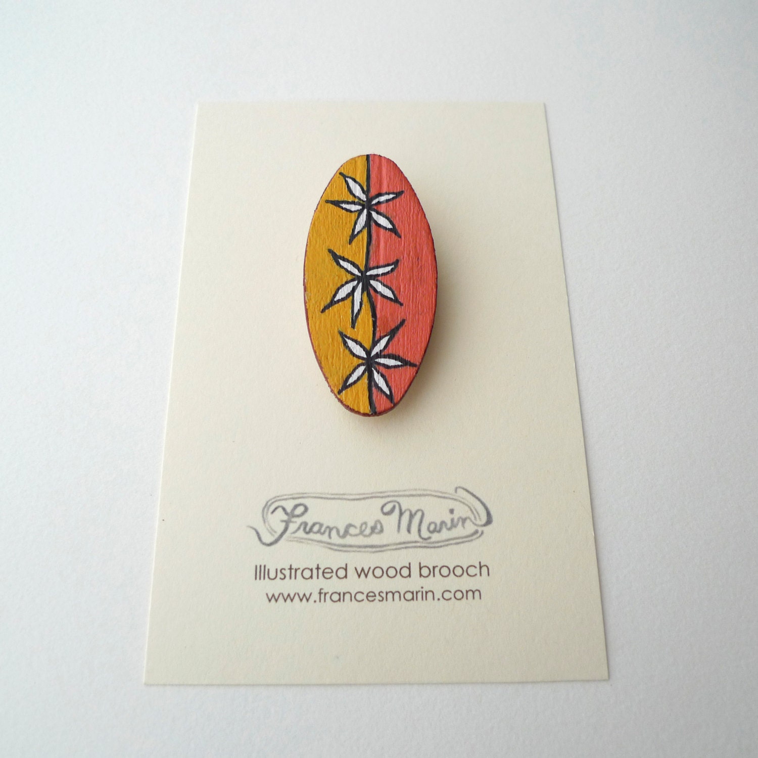Three Flowers Oval Wood Brooch Pin Jewelry