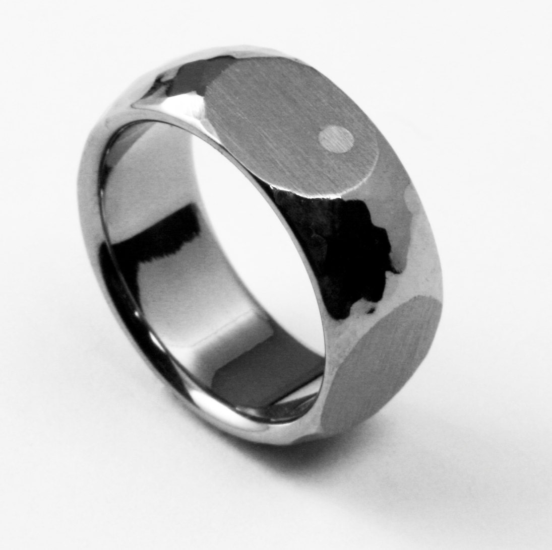 Titanium Ring with Domed Profile, Hand Hammered, Four Side Cutouts, and One Silver Dot Inlay "Shaken Not Stirred"
