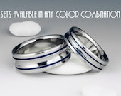 Titanium Ring Unique Wedding Band Set, Engagement, Promise or Anniversary Set with Two Colored Pinstripe Inlays and Concave Center