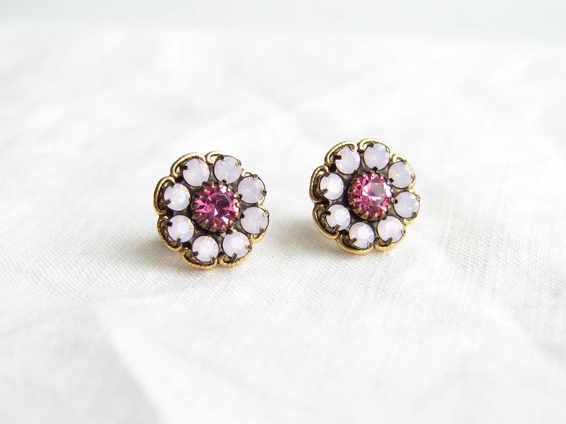 Vintage Style Swarovski Daisy Stud Earrings. Rose Water Opal and Pink Flower. Bridesmaid Gift. Gift for Her