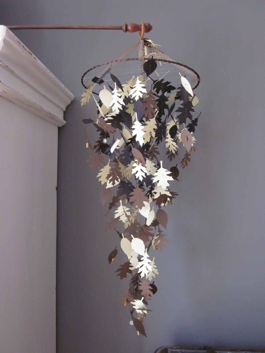 Nature inspired paper leaves mobile in brown shades and yellow --- Wedding fall decoration, natural themed autumn nursery or on a boy's room