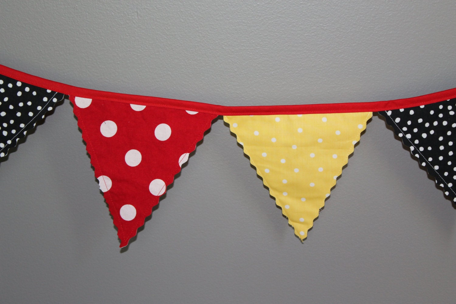 Minnie Mouse Inspired, Birthday Banner, Pennant, Bunting,Fabric, Black, Yellow and Red Polka Dot. 4ft, Double Sided Flags Made To Order