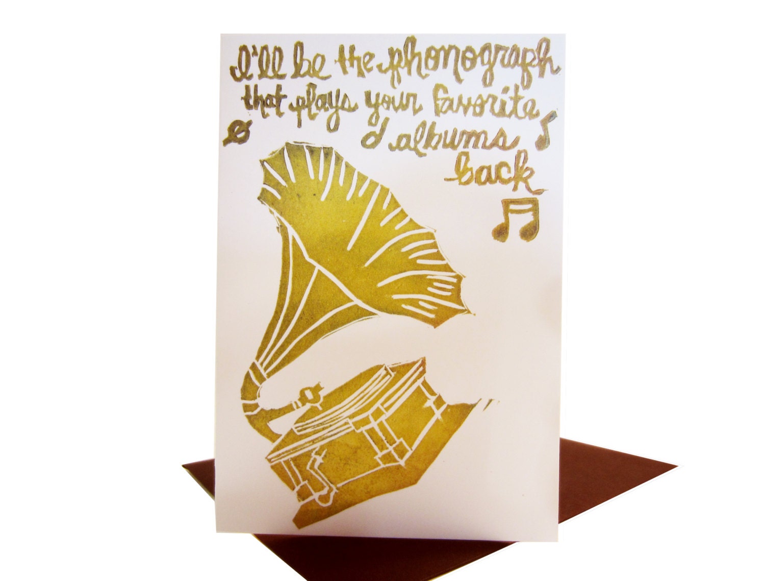 Ill be the phonograph // gold valentine card inspired by romantic songs hand carved illustration