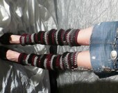 Bricklay Leg Warmers in burgundy, gray and black, crocheted