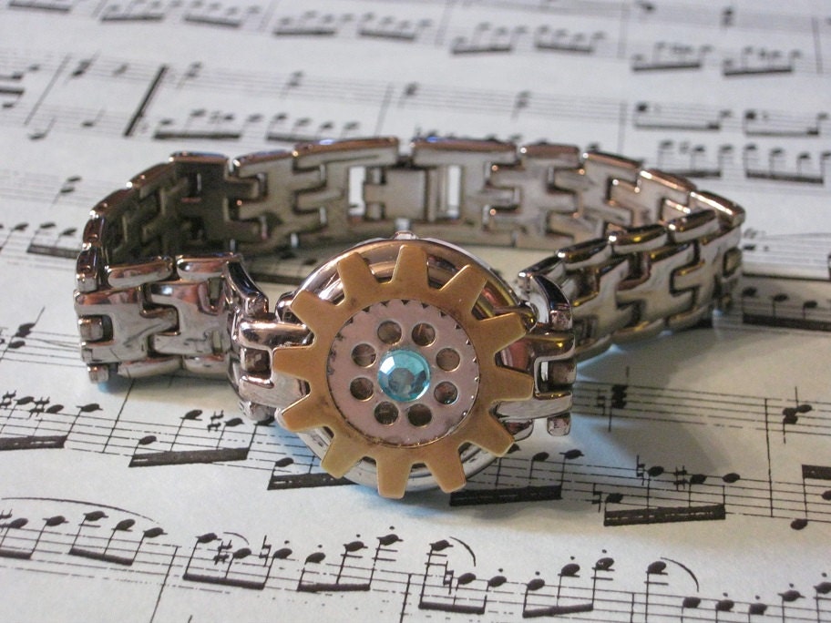 Steampunk Upcycle Watch Bracelet, Brass Sprocket Bracelet, Crystal Sprocket Bracelet, Chrome Band, Indie-Eco Friendly, OOAK